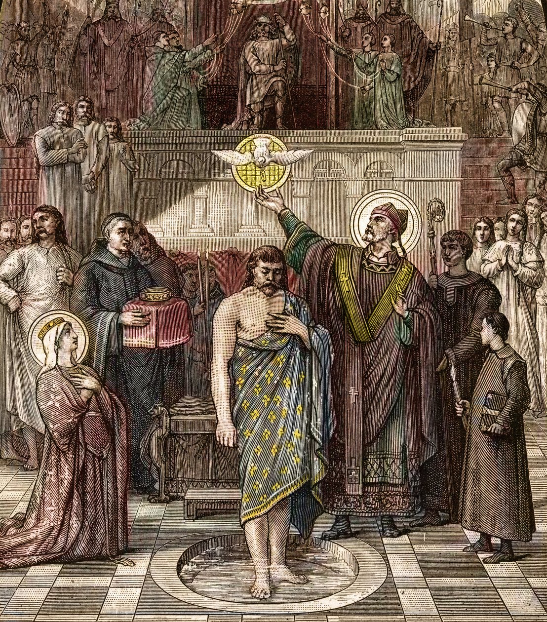 Svatý Remigius křtí Chlodvíka v Remeši - Křest krále franků Clovise I. (466-511) v Remeši od Eveque Saint Remi dne 25. 12. 496 (nebo 499) - rytina podle obrazu Desire Francois Laugee od Desire Francois Laugee