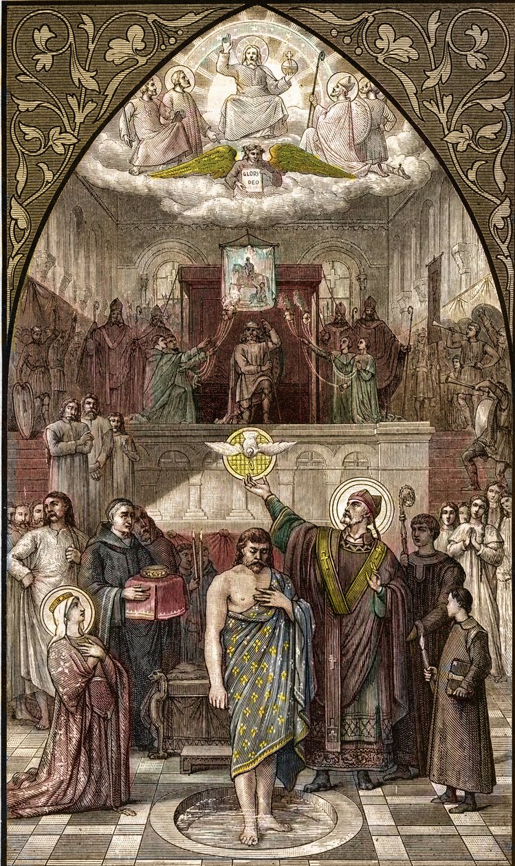 Svatý Remigius křtí Chlodvíka v Remeši - Křest krále franků Clovise I. (466-511) v Remeši od Eveque Saint Remi dne 25. 12. 496 (nebo 499) - rytina podle obrazu Desire Francois Laugee od Desire Francois Laugee