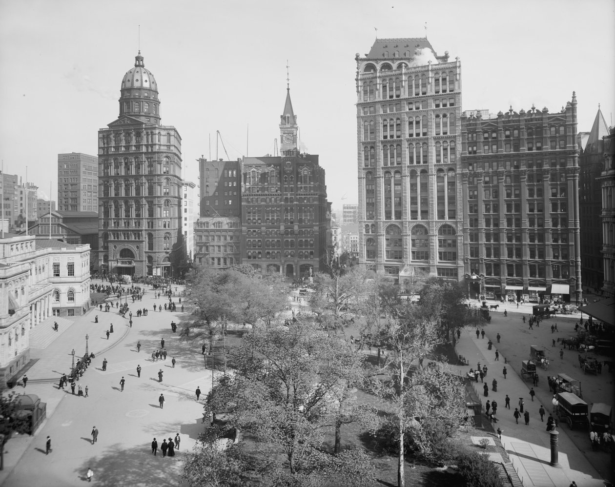 Newspaper Row, Park Row, New York City, cca 1890-1910 od Detroit Publishing Co.