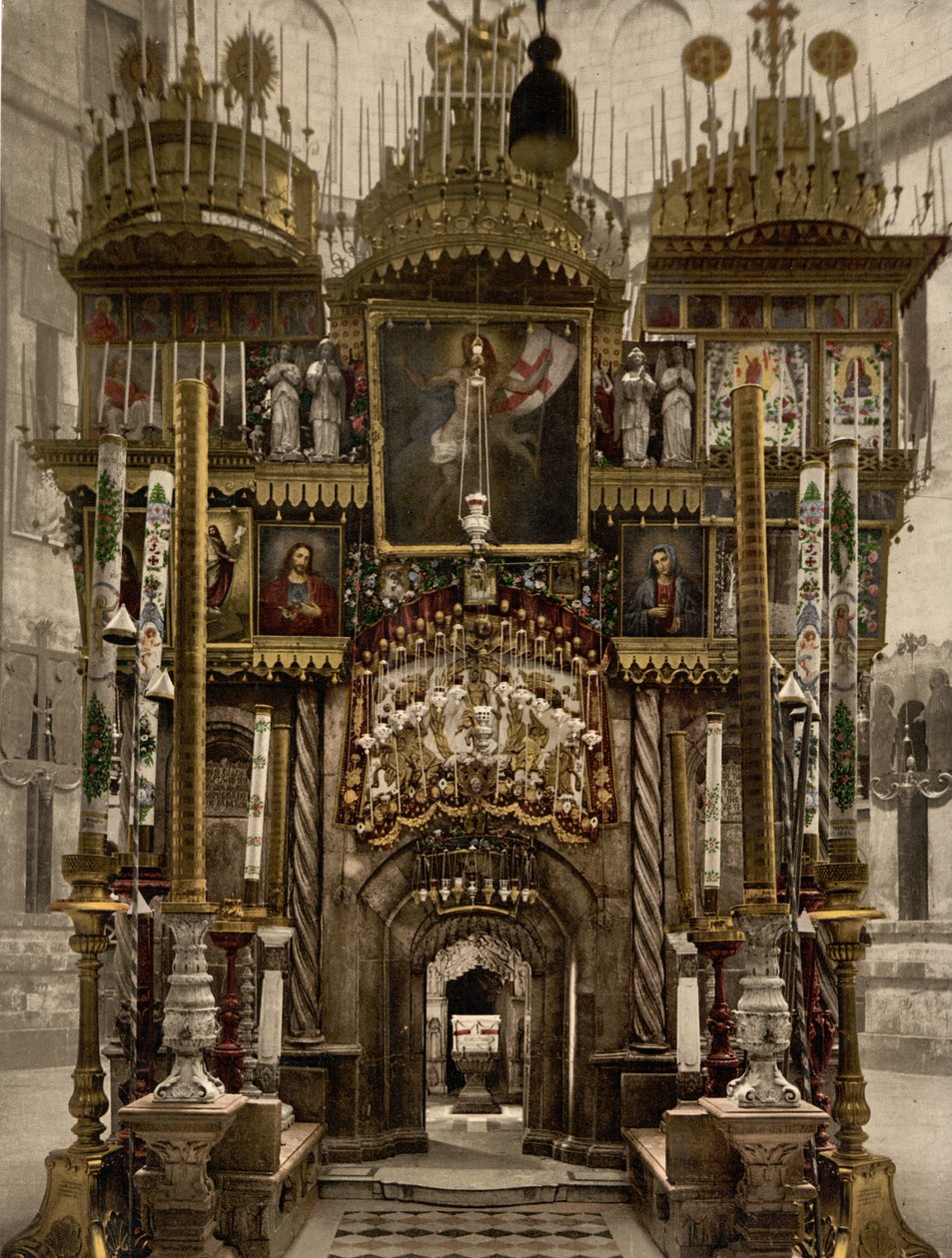 Interiér Božího hrobu, Jeruzalém, Svatá země, kolem 1890-1900 (fotochromový tisk) od Detroit Photographic Co.