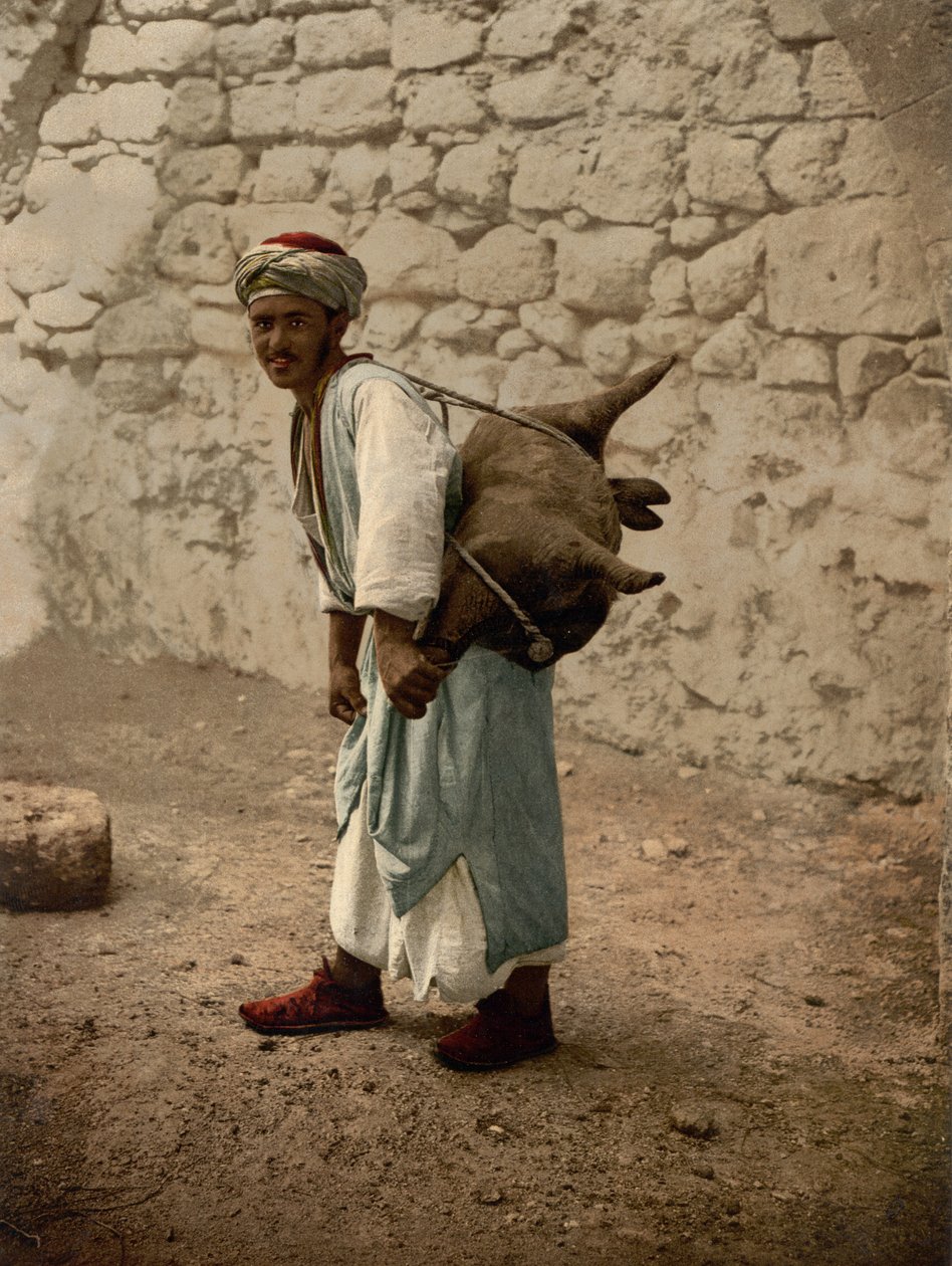 Vodní nosič Jeruzaléma, Svatá země, kolem 1890-1900 (fotochromovaný tisk) od Detroit Photographic Co.