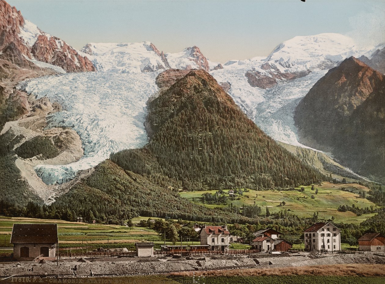Stanice Chamonix a ledovec Bossons, asi 1890-1906 (fotochromový tisk) od Detroit Publishing Co.