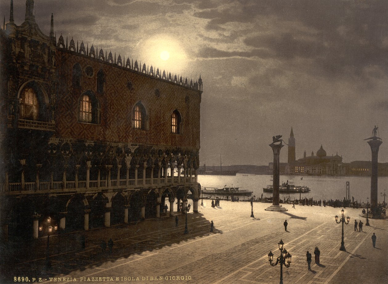 Piazzetta a San Georgio za svitu měsíce, Benátky, Itálie, asi 1890-1900 (fotochrom) od Detroit Publishing Co.
