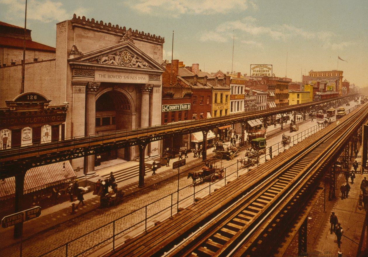 The Bowery, New York City, cca 1900 (fotochrom) od Detroit Publishing Co.
