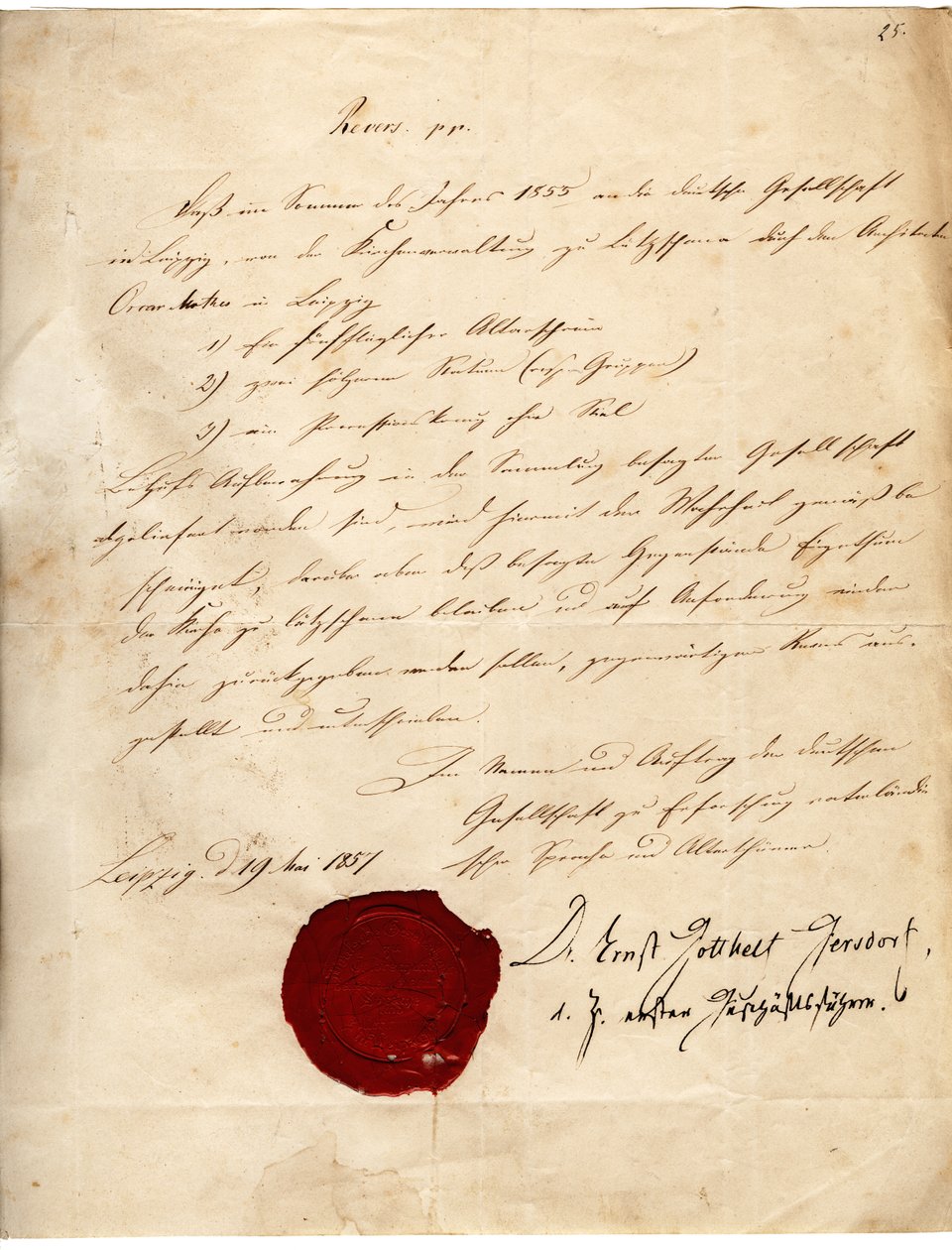 Revers en en pro výzkum vlasteneckého jazyka a starožitností pro farnost Lützschena od 19. května 1857 od Deutsche Gesellschaft zu Erforschung vaterländischer Sprache und Alterthümer