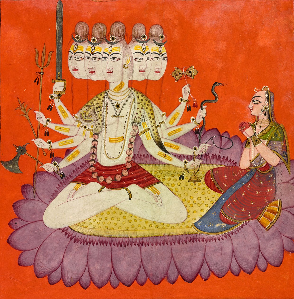 Sadashiva uctívaný Parvati, kolem roku 1690 (neprůhledný akvarel, zlato a aplikované broučí křídlo na papíře, ) od Devidasa (attr.to)