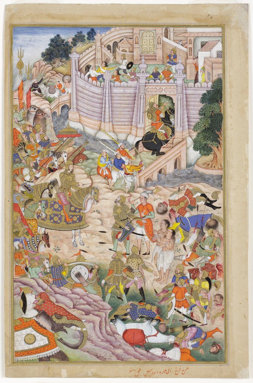Báburovy jednotky dobyly pevnost v Kábulu, kolem 1590-1600 (neprůhledné wc a zlato na papíře) od Dhannu, and Dharmdas Farrukh