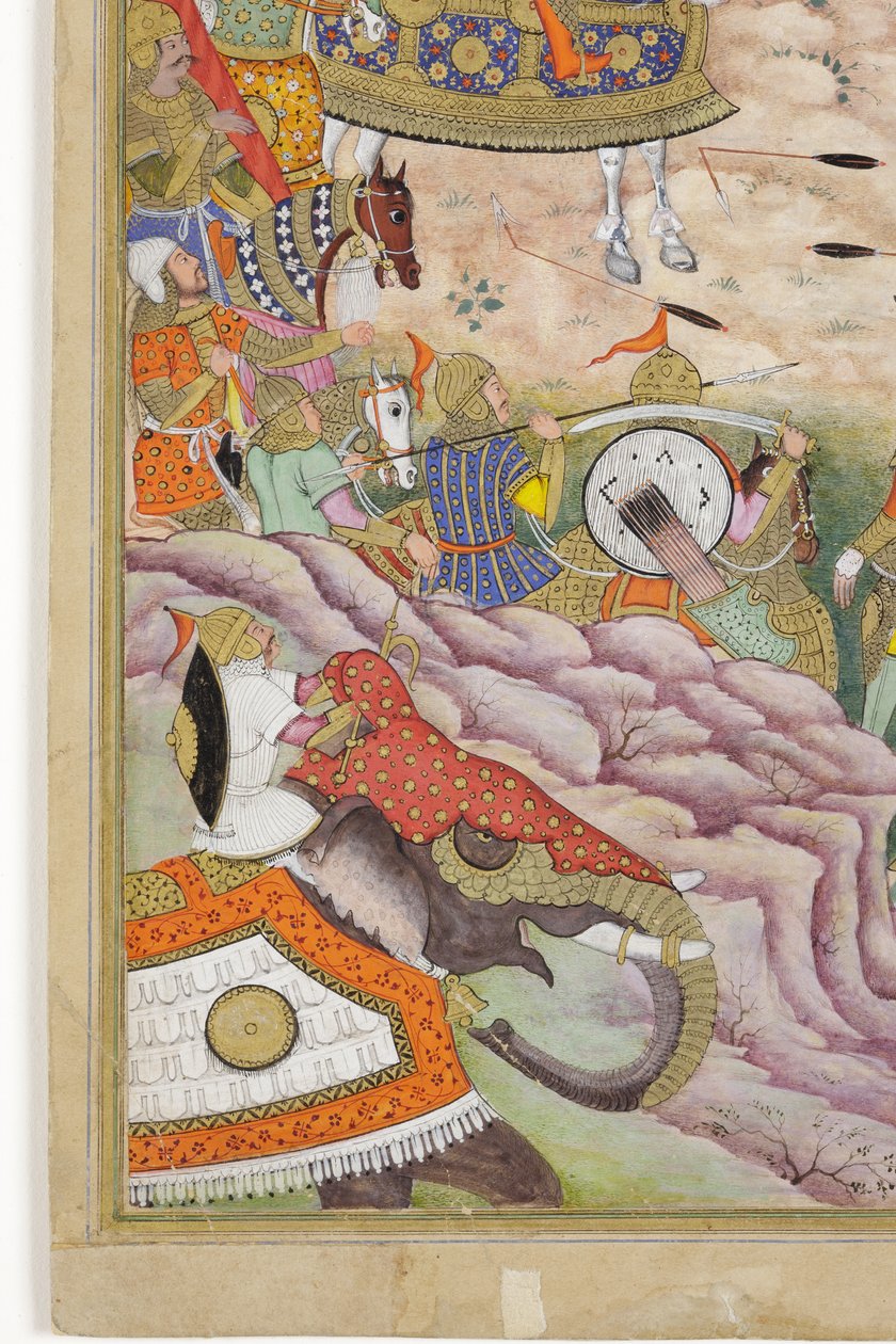 Detail z filmu Baburova vojska dobývají pevnost v Kábulu, asi 1590-1600 (neprůhledná čb. a zlato na papíře) od Dhannu, and Dharmdas Farrukh