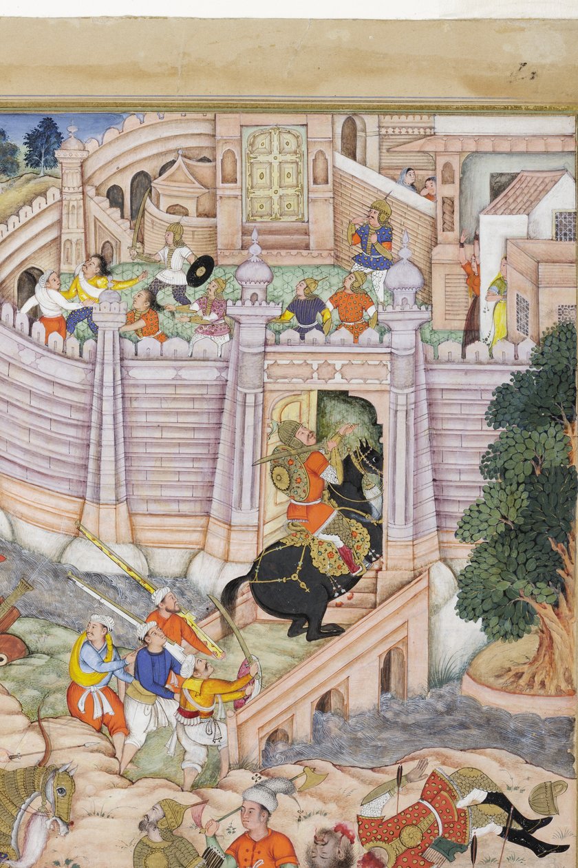 Detail z filmu Baburova vojska dobývají pevnost v Kábulu, asi 1590-1600 (neprůhledná čb. a zlato na papíře) od Dhannu, and Dharmdas Farrukh