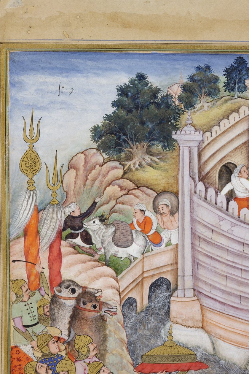 Detail z Baburových jednotek dobytí pevnost v Kábulu, kolem 1590-1600 (neprůhledné wc a zlato na papíře) od Dhannu, and Dharmdas Farrukh