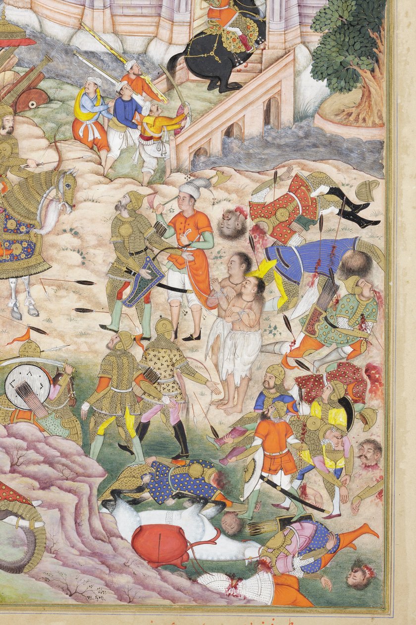 Detail z filmu Baburova vojska dobývají pevnost v Kábulu, cca 1590-1600 (neprůhledný akvarel a zlato na papíře) od Dhannu & Dharmdas Farrukh