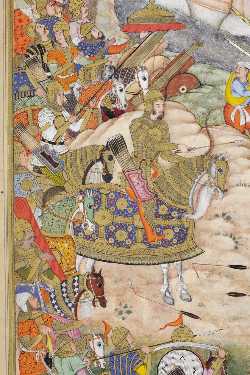 Detail z Baburových jednotek dobytí pevnost v Kábulu, kolem 1590-1600 (neprůhledné wc a zlato na papíře) od Dhannu, and Dharmdas Farrukh