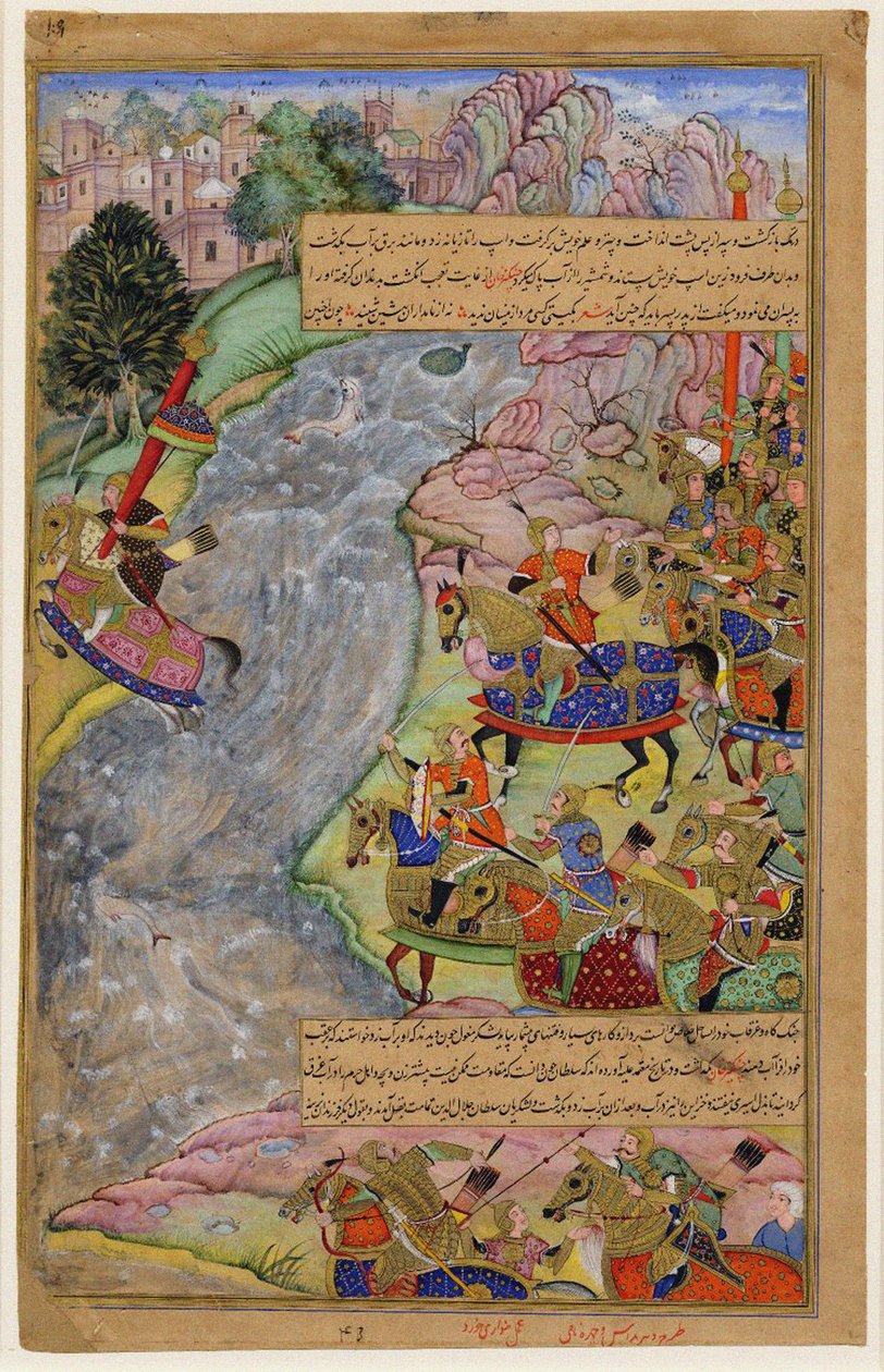 Jalal al-Din Khwarazm-Shah překračující rychlou řeku Indus, útěk Chinggis Khan a jeho armádě, 1597 od Dharm Das