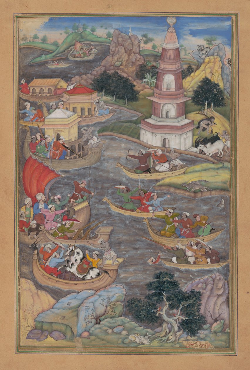 Alexander bojuje námořní bitvu, Folio z kvintetu Khamsa Amir Khusrau Dihlavi, 1597-98. od Dharmadas
