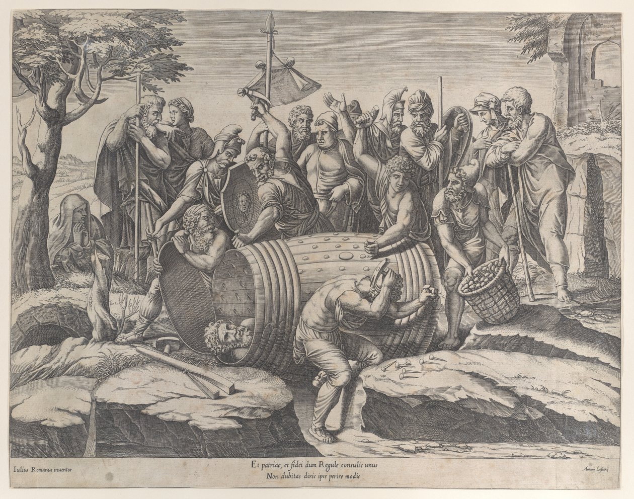 Marcus Atilius Regulus v sudu, zatímco dva muži zatloukají hřebíky, různé fi..., 1555-77. od Diana Mantuana