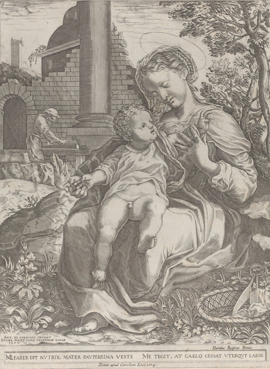 Svatá rodina v Egyptě, s Josefem jako tesařem v pozadí..., [1577], znovu vydáno 1774. od Diana Mantuana