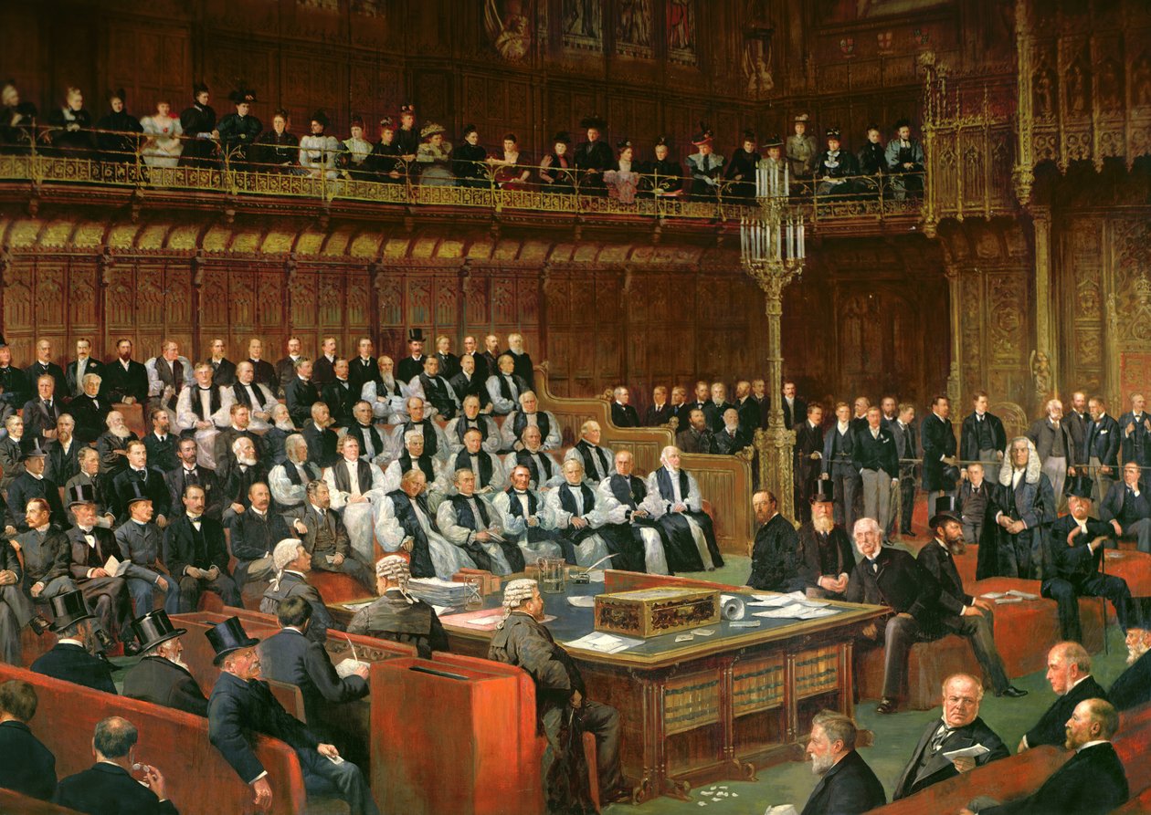 Debata o domácím řádu ve Sněmovně lordů, 1893, Lord kancléř chystá položit otázku, 1893 (detail) od Dickinson and Foster