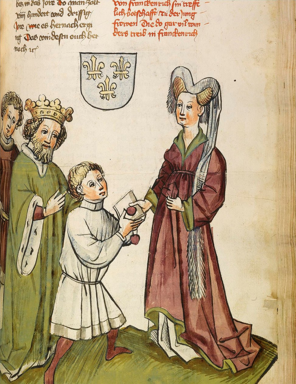 Stoletá válka (1337-1453): Zikmund I. ze Svaté říše (Svatá Říše) (1368-1437) se setkává s Johankou z Arku (1412-1431) - císař Zikmund před Johankou z Arku - miniaturní dílna Diebold Lauber (před 1427- po roce 1471) z ""Le livre de od Diebold (workshop) Lauber