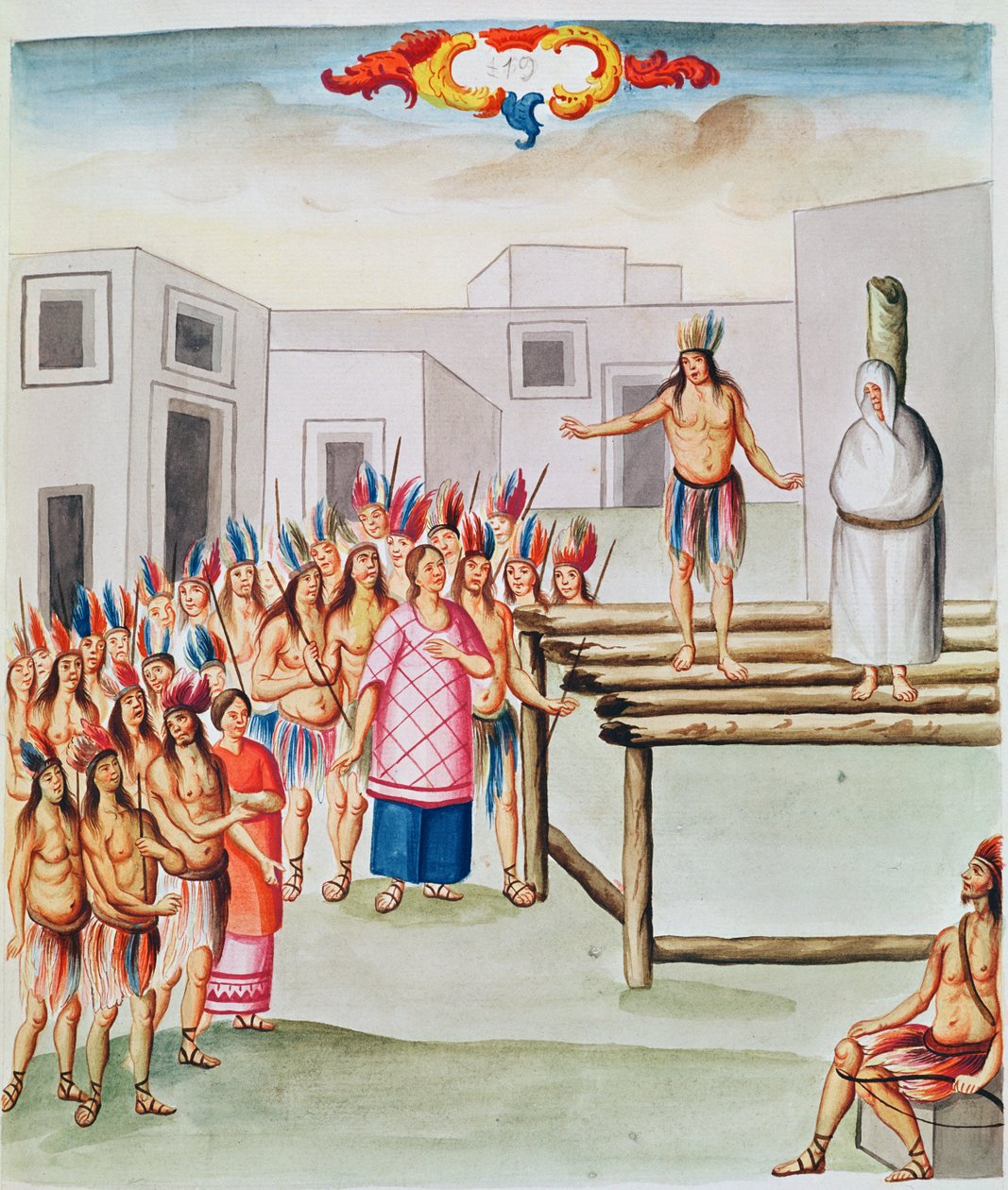 Tome 4 fol.19, Pohled na náměstí Plaza de Thalco s indiánem přivázaným ke kůlu, z "Teatro de la Nueva Espana", konec 18. stol. od Diego Garcia Panes y Avellan