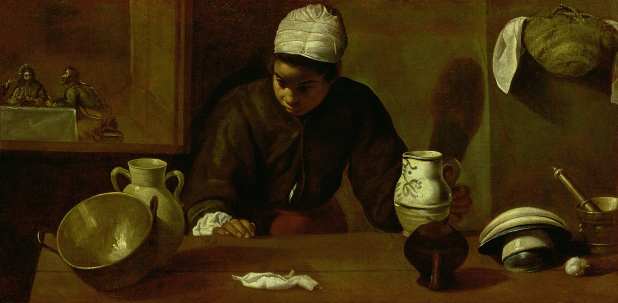 Kuchyňská pokojská s večeří v Emauzích, kolem roku 1618 od Diego Velázquez