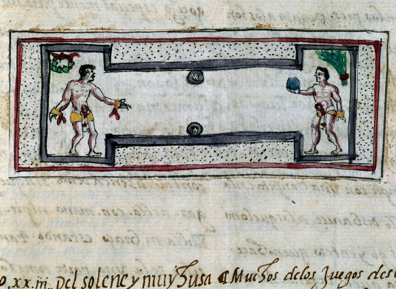 Aztékové hrají hru pelota, miniatura z Historie Indie (Historia de las Indias) od Diega Durana (1537-1588), rukopis z roku 1579 od Diego Duran