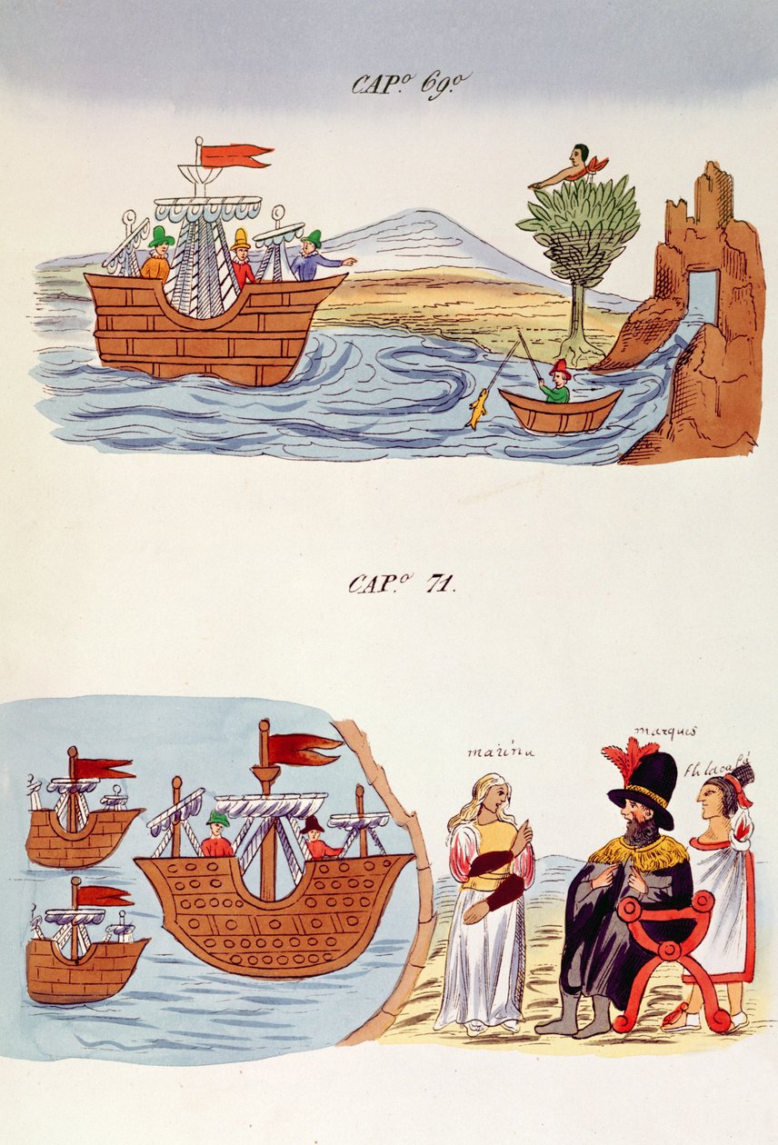 Čepice 69 a čepice 71, ilustrace z „Historia de las Indias de Nueva Espana y Islas de tierra firme“, s deskami Jules Desportes, Mexiko, 1867-80 od Diego Duran