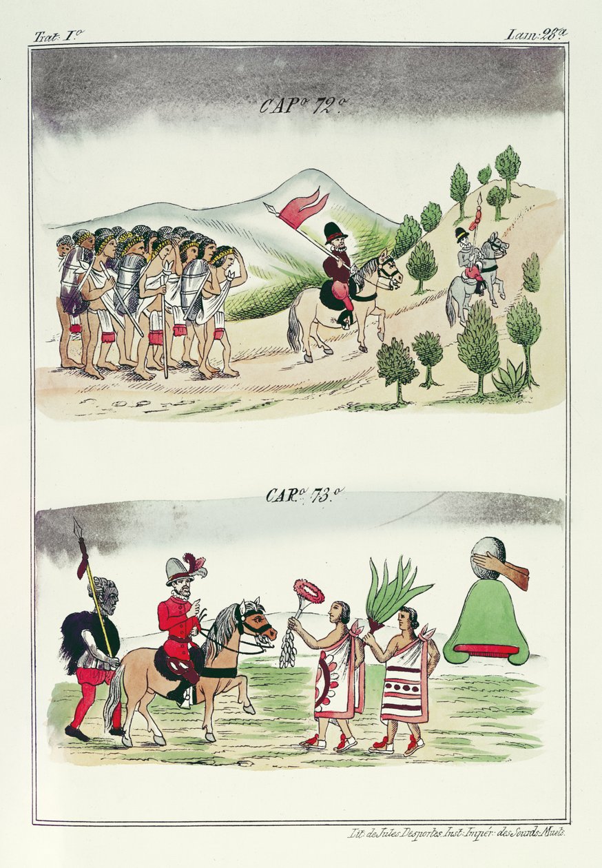Čepice 72 a čepice 73, ilustrace z „Historia de las Indias de Nueva Espana y Islas de tierra firme“, s deskami Jules Desportes, Mexiko, 1867-80 od Diego Duran