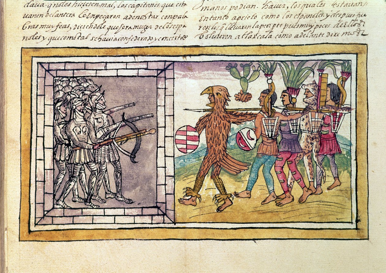 Codex Duran: Pedro de Alvarado (asi 1485-1541) společník ve zbrani Hernanda Cortese (1485-1547) obležený aztéckými válečníky od Diego Duran