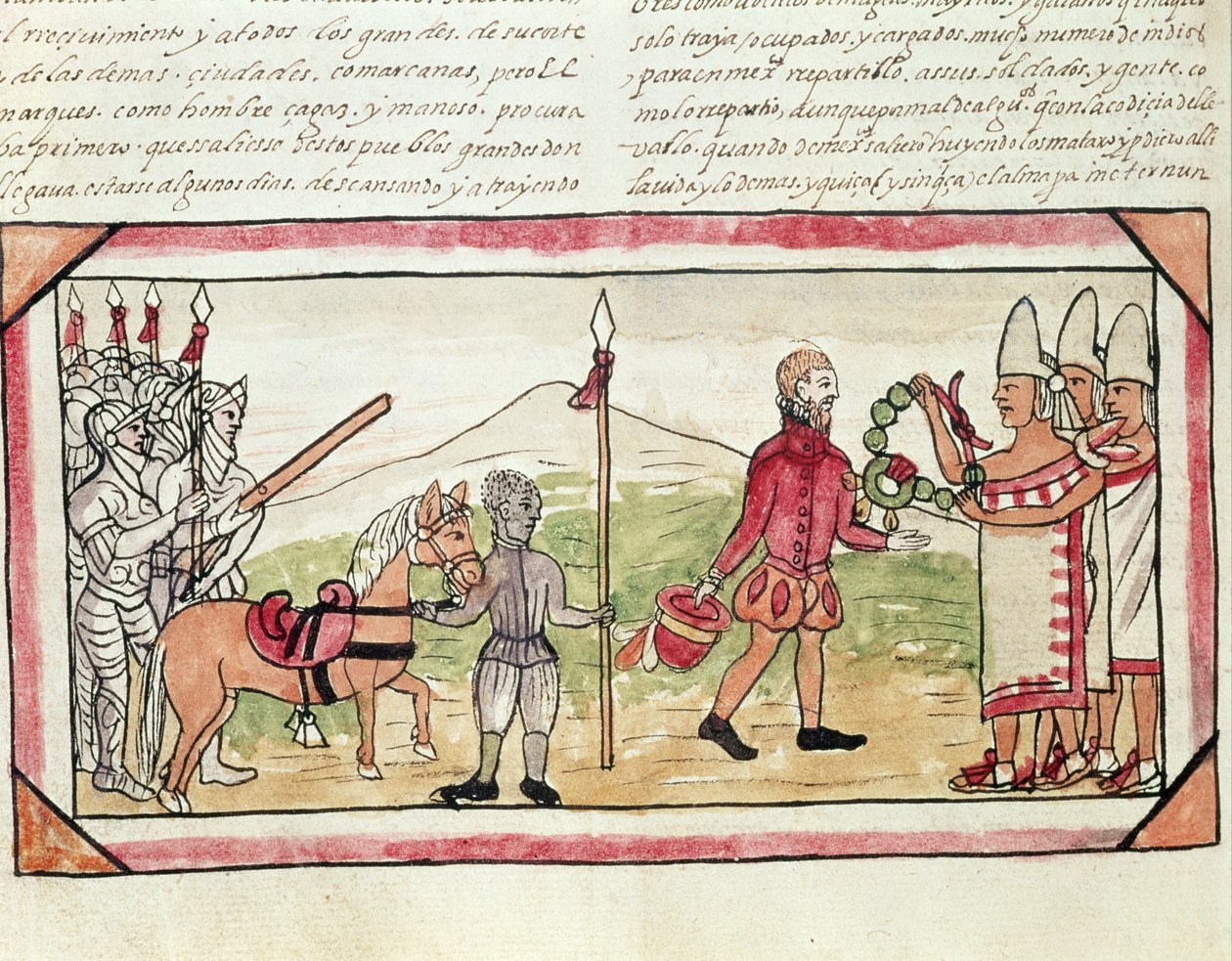 Fol.208v Setkání Hernanda Cortése (1485-1547) a Montezumy (1466-1520), miniatura z "Dějin indiánů" Diega Durana, 1579 od Diego Duran