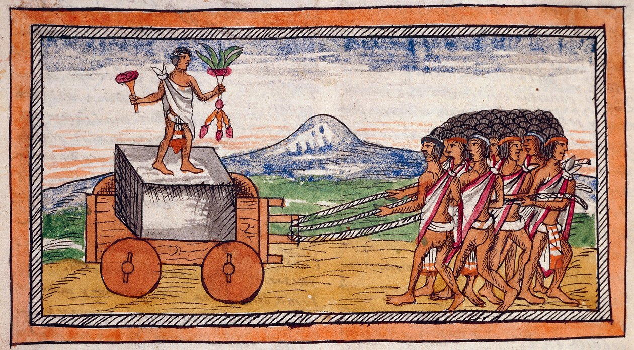 Aztékové převážejí kameny na stavbu svých měst, natahují akvarel z Dějiny Indie od Diega Durana (1537-1588), rukopis, folio 188 recto od Diego Duran
