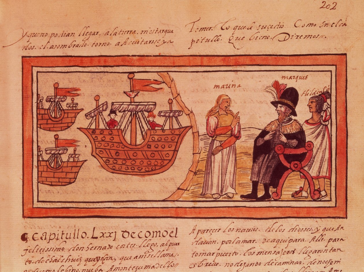Tlumočí mu indická princezna Malinche nebo Dona Marina, milenka Hernanda Cortese (1485-1547). od Diego Duran