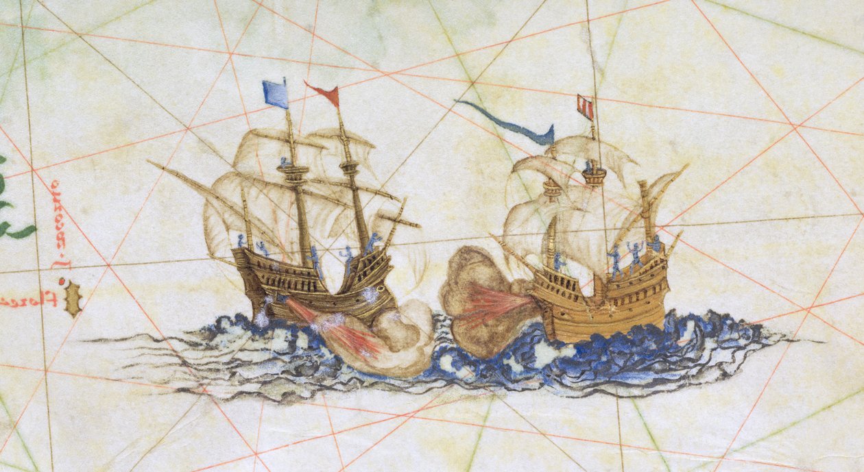 Přidejte 5415A f.10 Two Galleon Fighting, detail z "Opus Geographicum" od Diego Homem