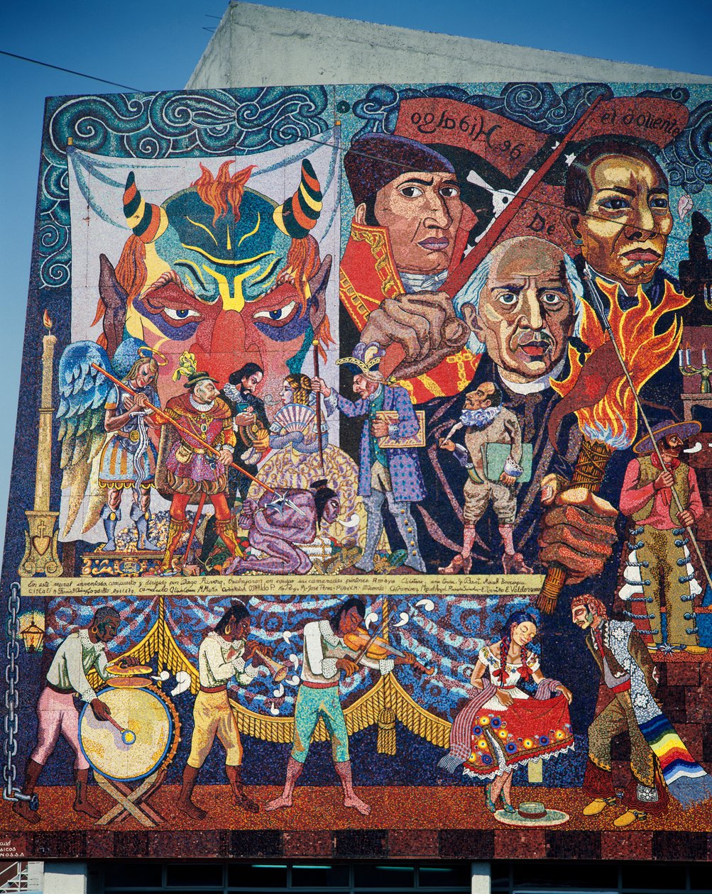 Hidalgo, Morelos a Juarez, hrdinové boje za nezávislost, detail z mozaiky na fasádě Divadla povstalců v Mexico City. Mexiko, 20. století. od Diego Rivera