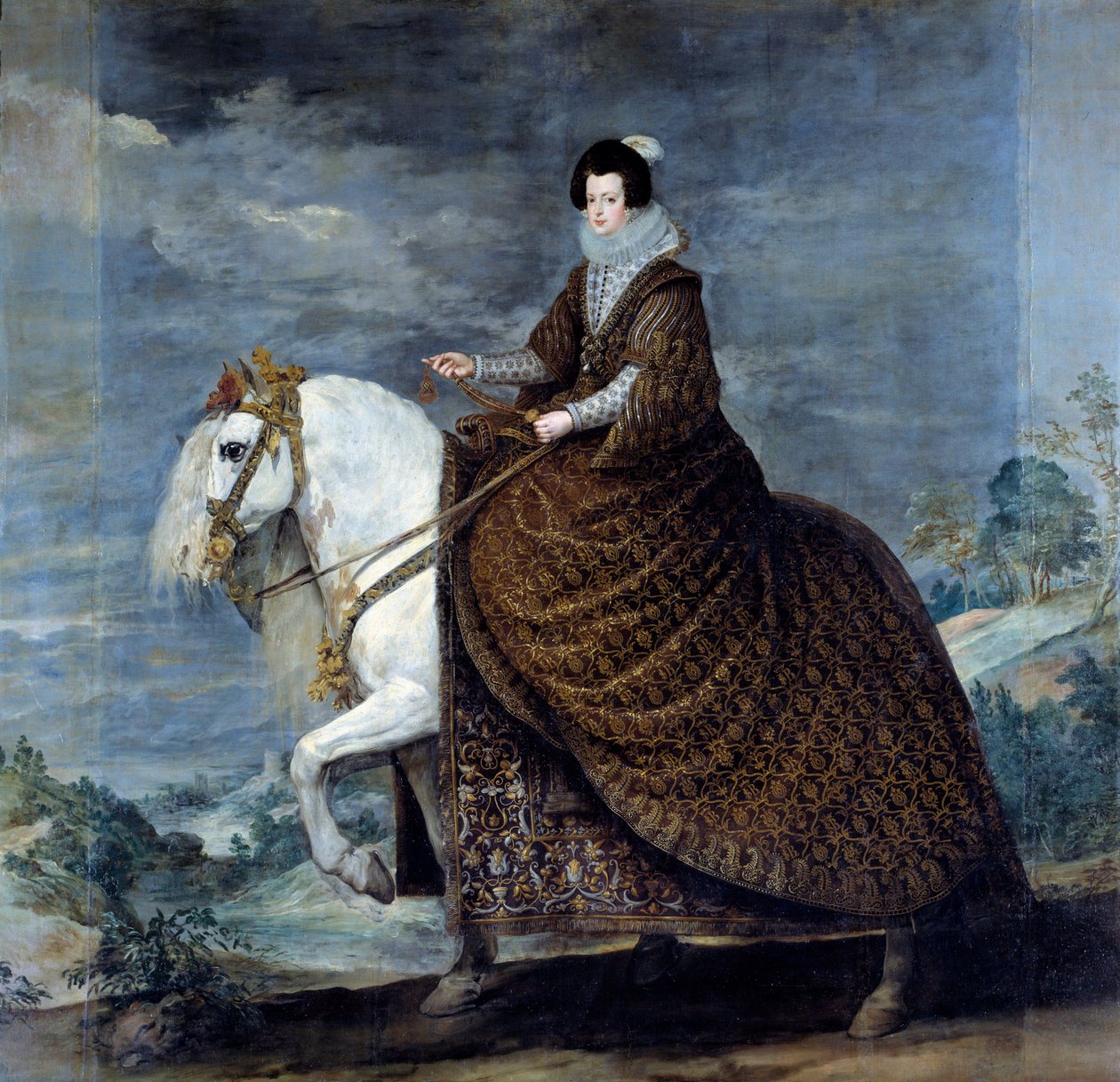 Jezdecký portrét Alžběty Francouzské nebo Isabely Bourbonské (1602-1644), manželky Filipa IV. Španělského v roce 1616 Obraz Diega Velasqueze (1599-1660) 1635 Sun. 3,01x3,14 m Madrid, Musee du Prado - Jezdecký portrét Isabely Francouzské (1602-1644), od Diego Velázquez