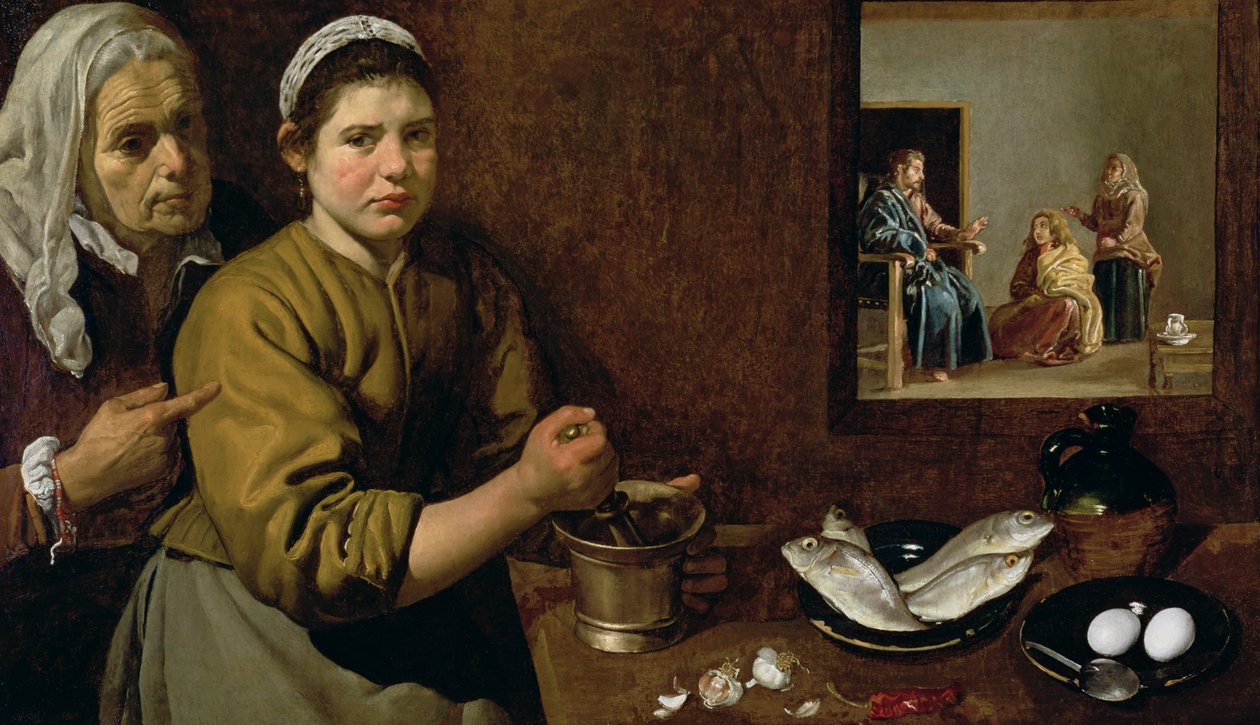 Kuchyňská scéna s Kristem v domě Marty a Marie, kolem 1618 (olej na plátně) od Diego Velázquez