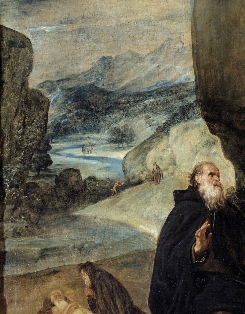 Svatý Antonín a svatý Pavel poustevník. Detail zobrazující svatého Antonína Velikého (nebo svatého Antonína poustevníka nebo svatého Antonína Abbe) a krajinu. Obraz Diega Rodrigueze de Silva y Velasquez (1599-1660), kolem roku 1635. Olej na plátně. Rozměr: od Diego Velázquez