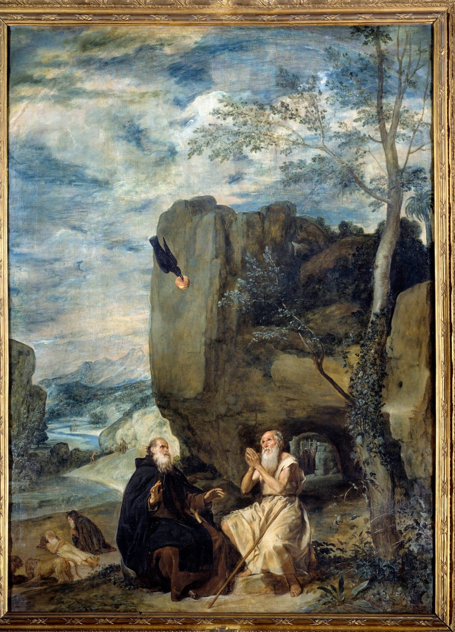 Svatý Antonín Veliký (nebo Svatý Antonín Poustevník či Svatý Antonín Abbe) a Svatý Pavel Poustevník. Obraz Diega Rodrigueze de Silva y Velasquez (1599-1660), kolem roku 1635. Olej na plátně. Rozměr: 2,57 x 1,88 m. Madrid, Musee Du Prado od Diego Velázquez