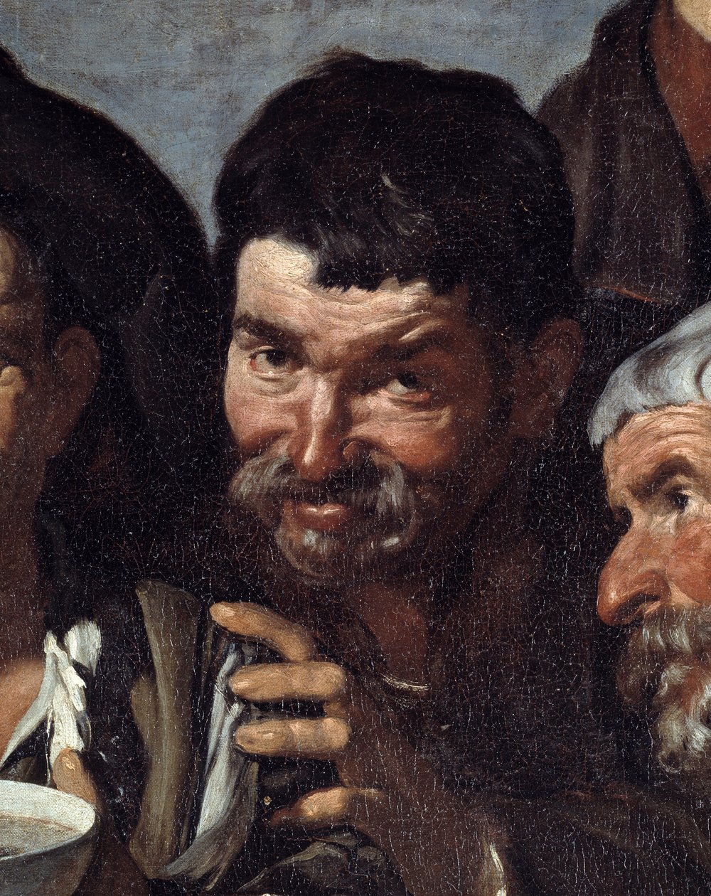 Bakchův triumf aneb „Opilci“ Detail opilé tváře. Obraz Diega Rodrigueze de Silva y Velasquez (1599-1660) cca 1639-1642. Ztlumit. 1,65x2,25 m Madrid, muzeum Prado od Diego Velázquez