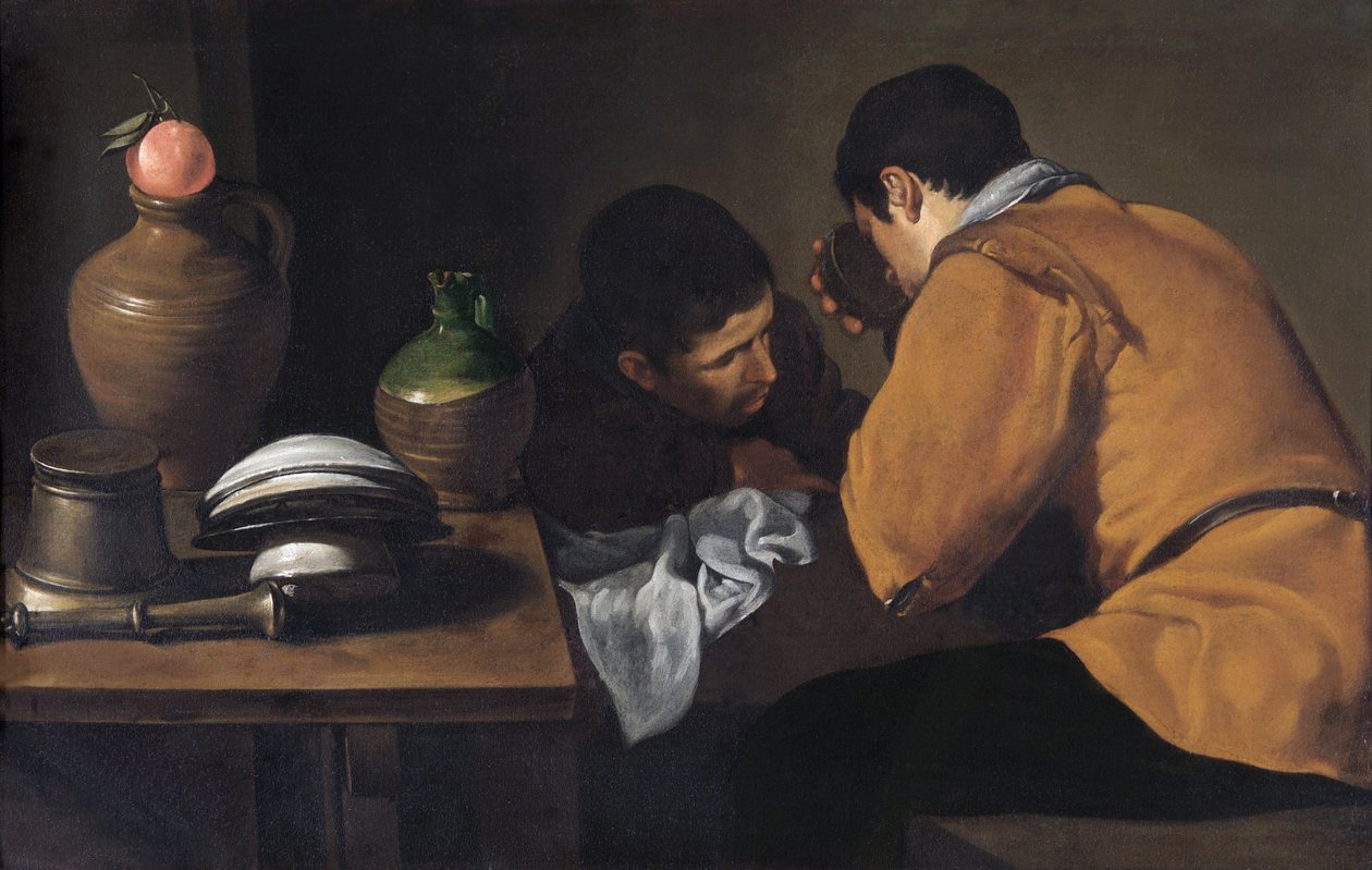 Dva mladí muži jedí u skromného stolu c.1618-20 (olej na plátně) od Diego Velázquez