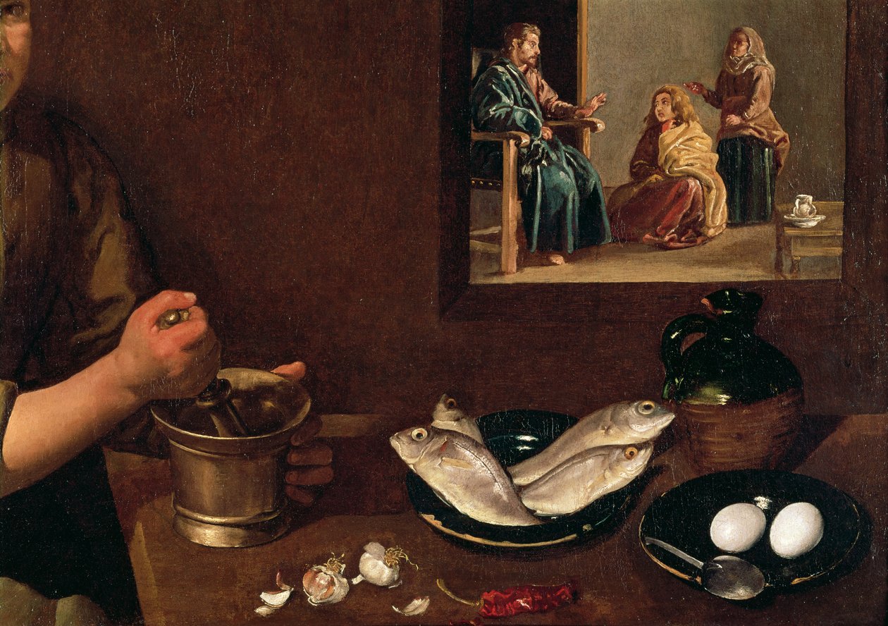 Kuchyňská scéna s Kristem v domě Marty a Marie (detail Jídlo na stole s Kristem, Martou a Marií v pozadí, viz 99423), k.1618 od Diego Velázquez