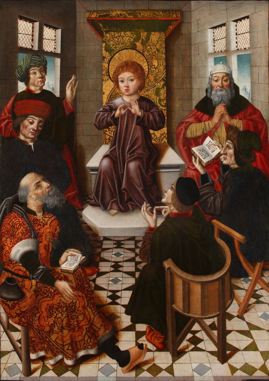 Ježíš mezi lékaři - Kristus mezi lékaři - Cruz, Diego de la (aktivní 1482-1500) - c. 1490 – Olej na dřevě – 102x76 – Muzeum Lazara Galdiana, Madrid od Diego de la Cruz