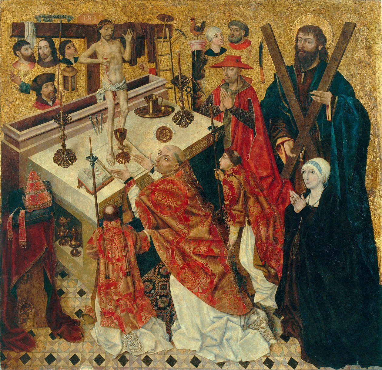 Messe de saint Gregoire - Mše sv. Řehoře Velikého - Obraz Diega de la Cruz (aktivní 1482-1500) - před rokem 1480 - Olej na dřevě - 168x168 - Museu Nacional d