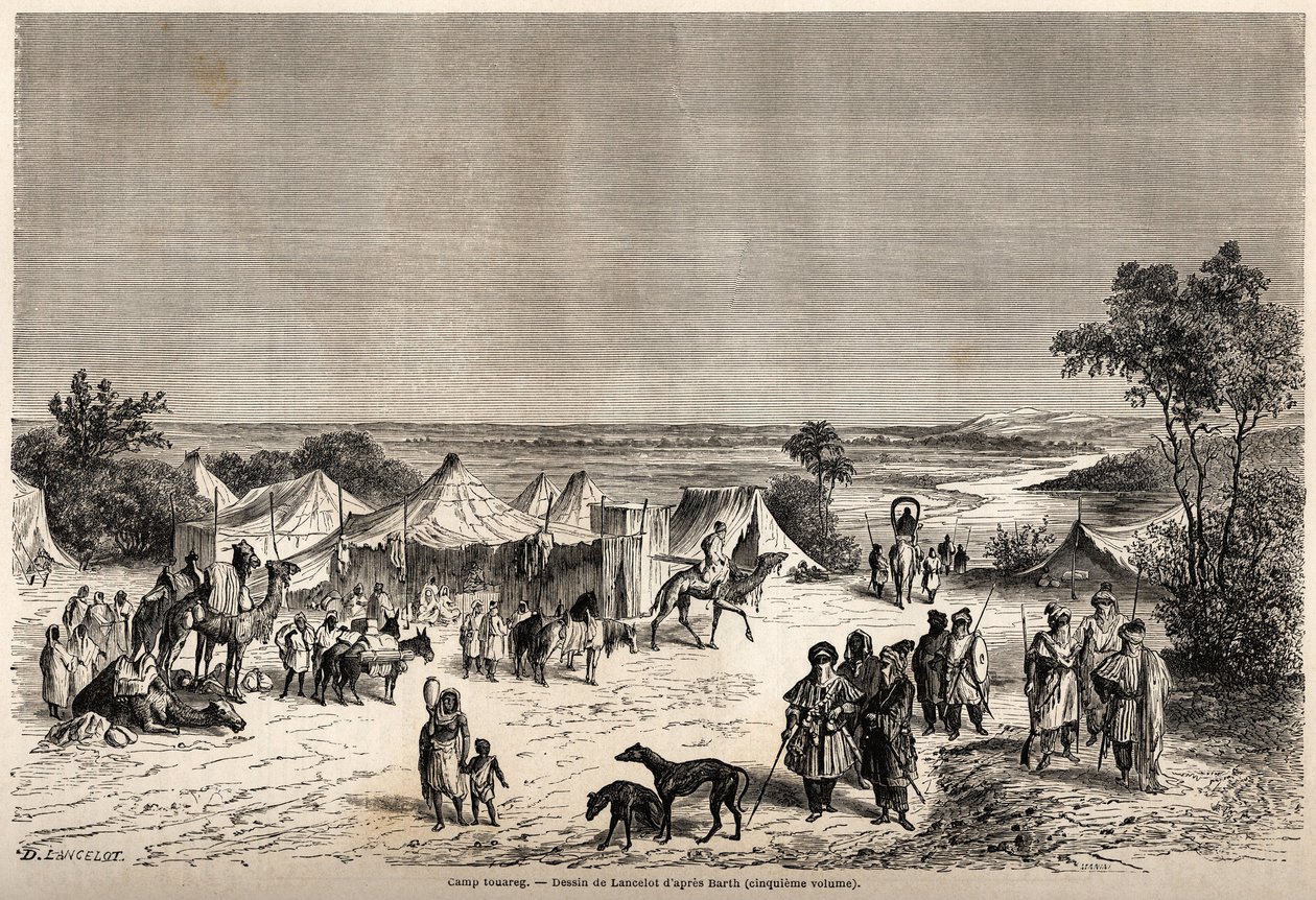 Tábor Touaregů, kresba Lancelota, pro ilustraci cesty Dr. Henriho Bartha do centra Afriky v letech 1849-1855. Rytina v „“ Le tour du monde, nouveau journal des voyages““ Paříž od Dieudonne Auguste Lancelot