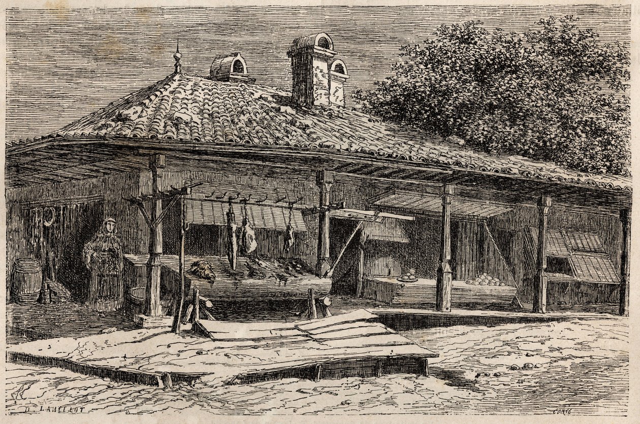 Řeznictví a pekárna v Bukurešti (Rumunsko). Rytina k ilustraci cesty z Paříže do Bukurešti od Lancelota, designéra, v roce 1860 v „Le tour du monde, nouveau journal des voyages“, vydaném pod vedením Edouarda Chartona od Dieudonne Auguste Lancelot