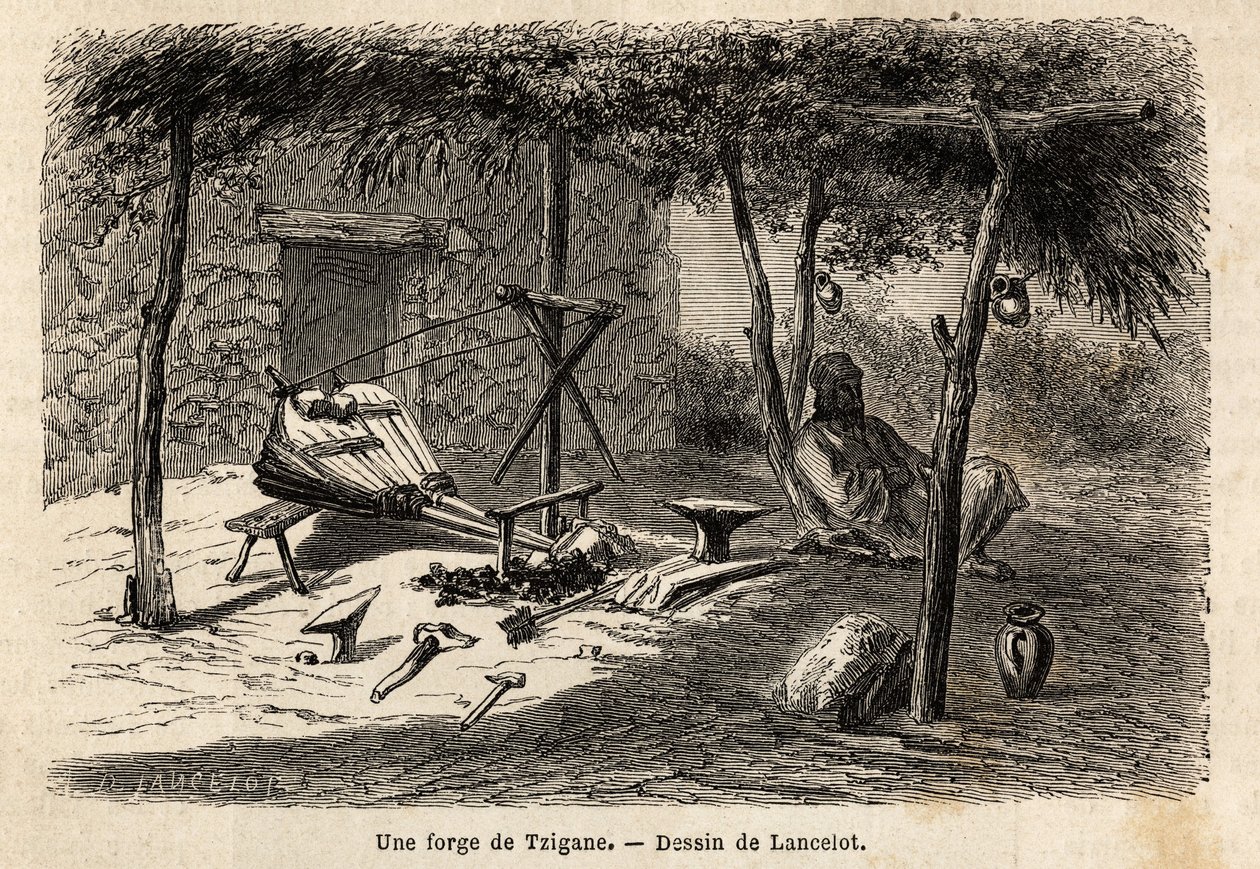 Cikánská kovárna v regionu Walachia, Rumunsko. Rytina k ilustraci plavby z Paříže do Bukurešti od Lancelota, kreslíře, v roce 1860, publikovaná v „Le tour du monde, nouveau journal des voyages“, pod vedením Edouarda Chartona od Dieudonne Auguste Lancelot