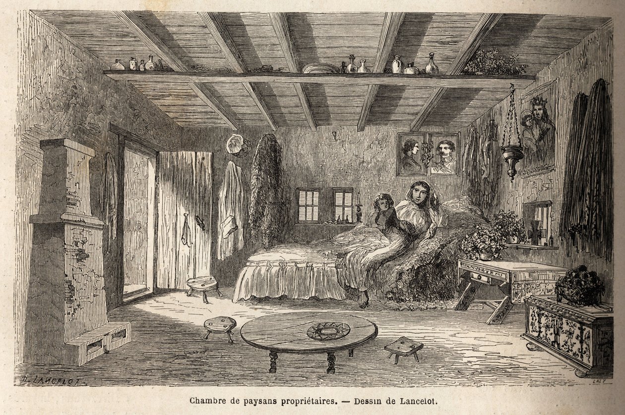 Dům majitelů rolníků v blízkosti Orezu (oblast Valašsko, Rumunsko). Rytina k ilustraci plavby z Paříže do Bukurešti od Lancelota, kreslíře, v roce 1860, publikovaná v „Le tour du monde, nouveau journal des voyages“, pod vedením o od Dieudonne Auguste Lancelot