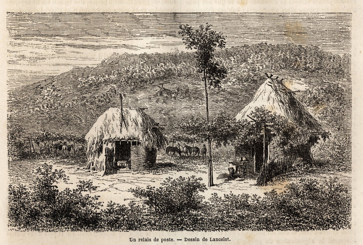 Poštovní štafeta mezi Bukureští a Pitesti. Rytina k ilustraci plavby z Paříže do Bukurešti (Rumunsko) v roce 1860 od designéra Lancelota v „Le tour du monde, nouveau journal des voyages“, vydaném pod vedením Edouarda Chartona od Dieudonne Auguste Lancelot