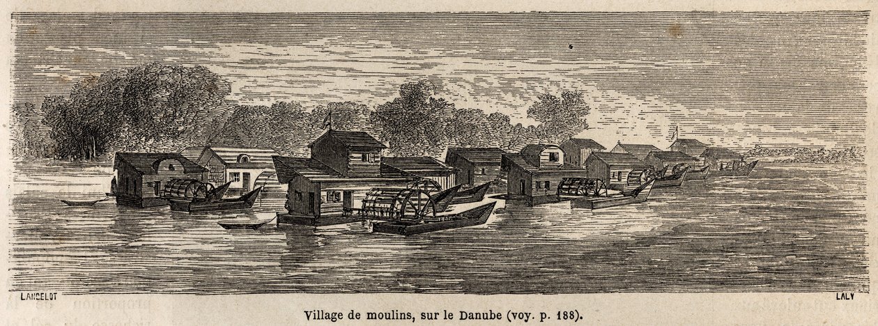 Vesnice mlýnů na Dunaji, kresba Lancelota, pro ilustraci cesty Victora Duruye z Paříže do Bukurešti v roce 1860. Rytina „“Le tour du monde“, editoval Edouard Charton od Dieudonne Auguste Lancelot