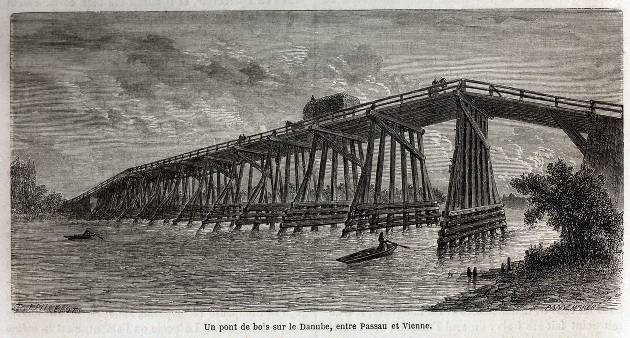 Dřevěný most přes Dunaj mezi Pasovem a Vídní, kresba Lancelota, k ilustraci cesty Victora Duruye z Paříže do Bukurešti v roce 1860. Rytina „“Le tour du monde“, editoval Edouard Charton od Dieudonne Auguste Lancelot