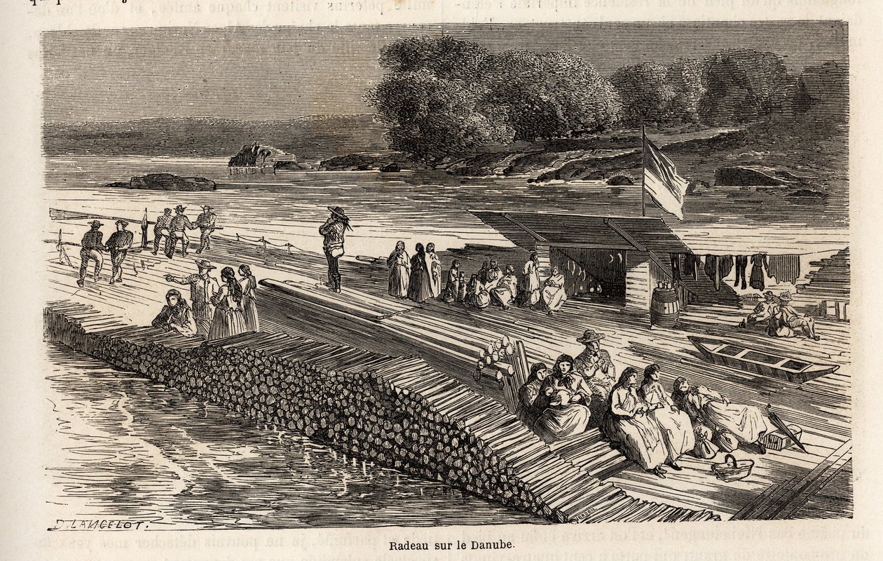 Dřevěný vor na Dunaji pro přepravu zboží a osob, kresba Lancelota, k ilustraci cesty Victora Duruye z Paříže do Bukurešti v roce 1860. Rytina „“Le tour du monde““, editoval Edouard Charton od Dieudonne Auguste Lancelot